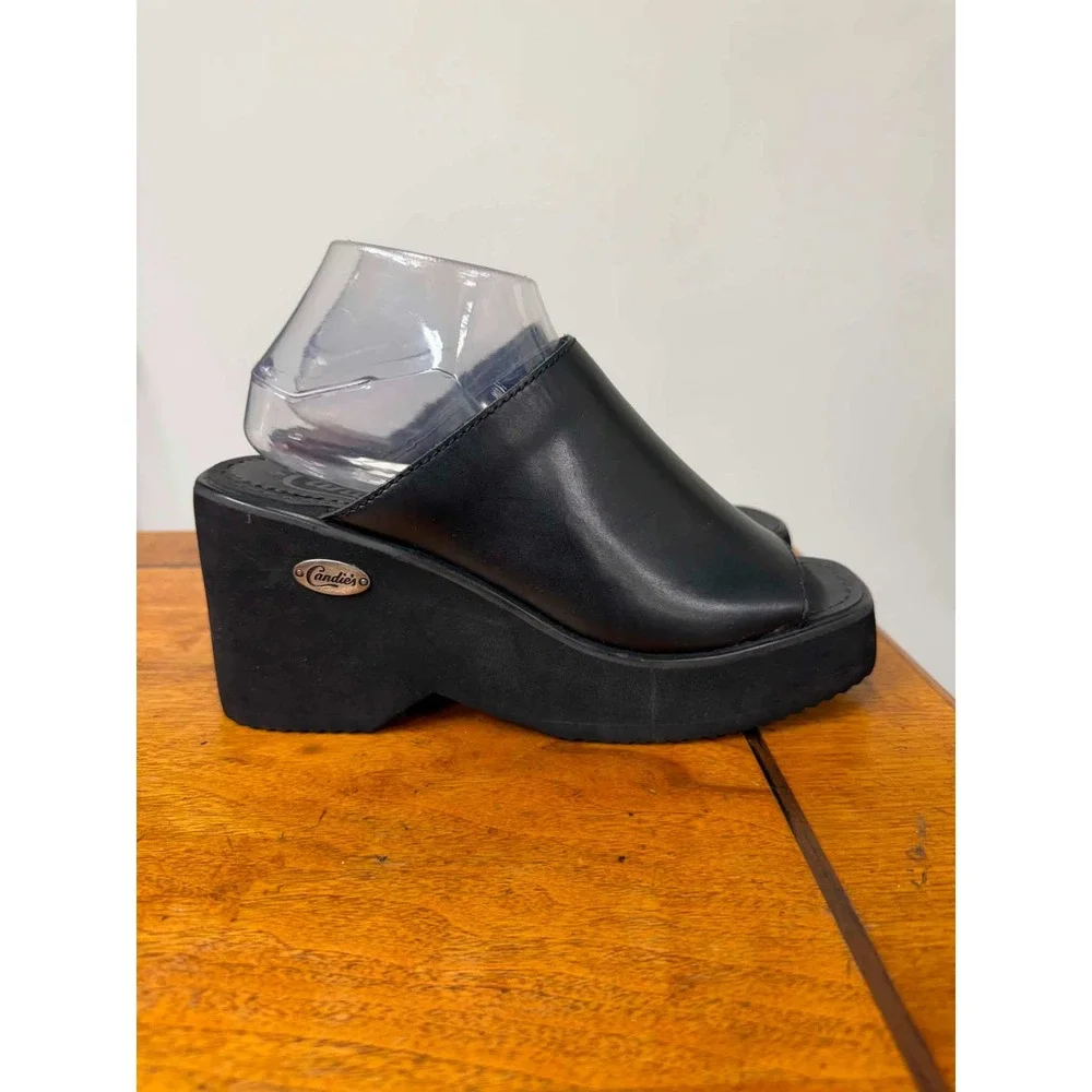 Vintage Candies Women's 9 Black Platform Wedge Slide Sandals Peep Toe Mules